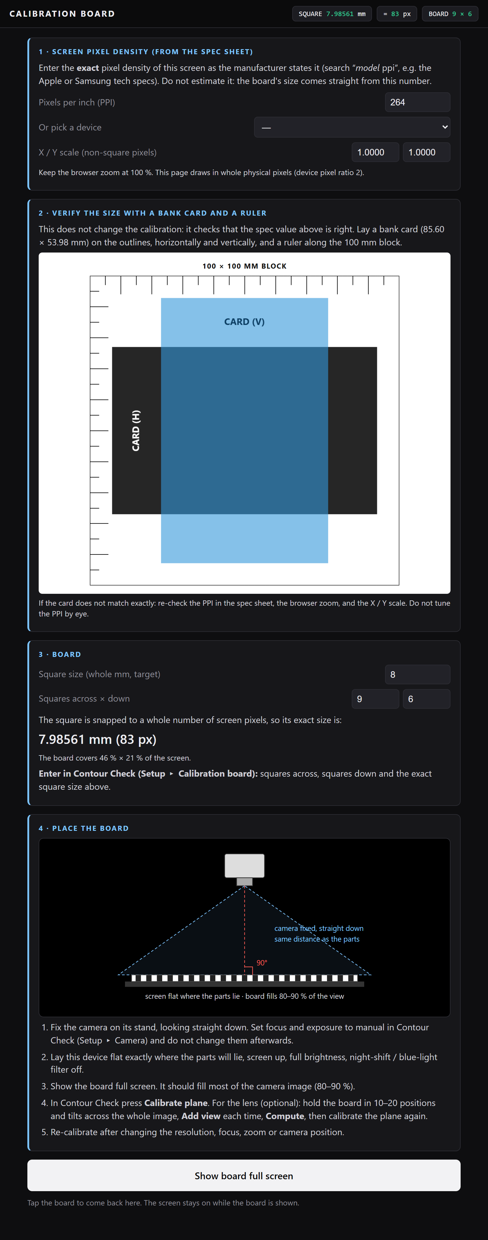 The calibration board on a tablet